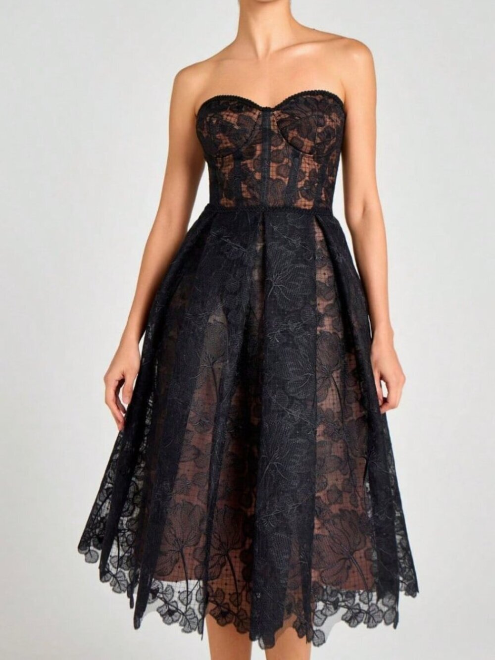 Black Sweetheart Women's Strapless Lace Midi Boned Corset Formal Dress